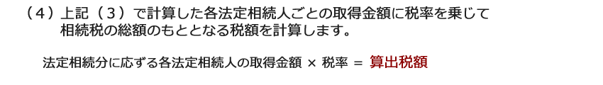 （４）上記（３）で計算した各法定相続人ごとの取得金額に税率を乗じて相続税の総額のもととなる税額を計算します。法定相続分に応ずる各法定相続人の取得金額×税率＝算出税額